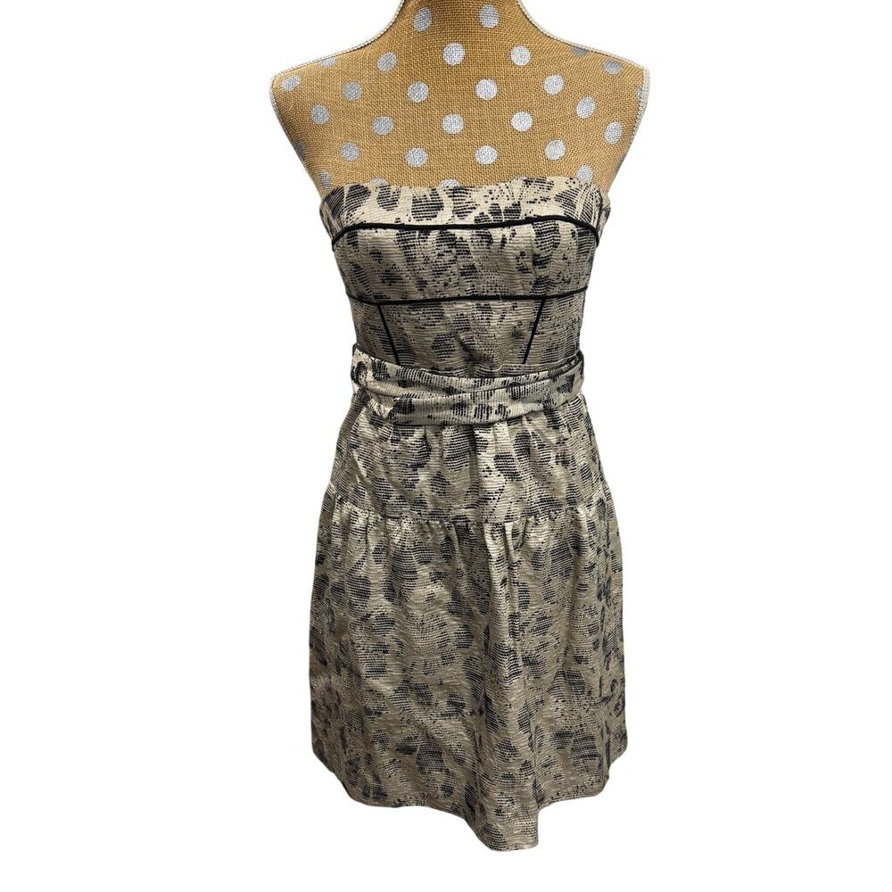 CYNTHIA STEFFE Metallic Jacquard Strapless Mini Dress Size 4 Gold/Gray